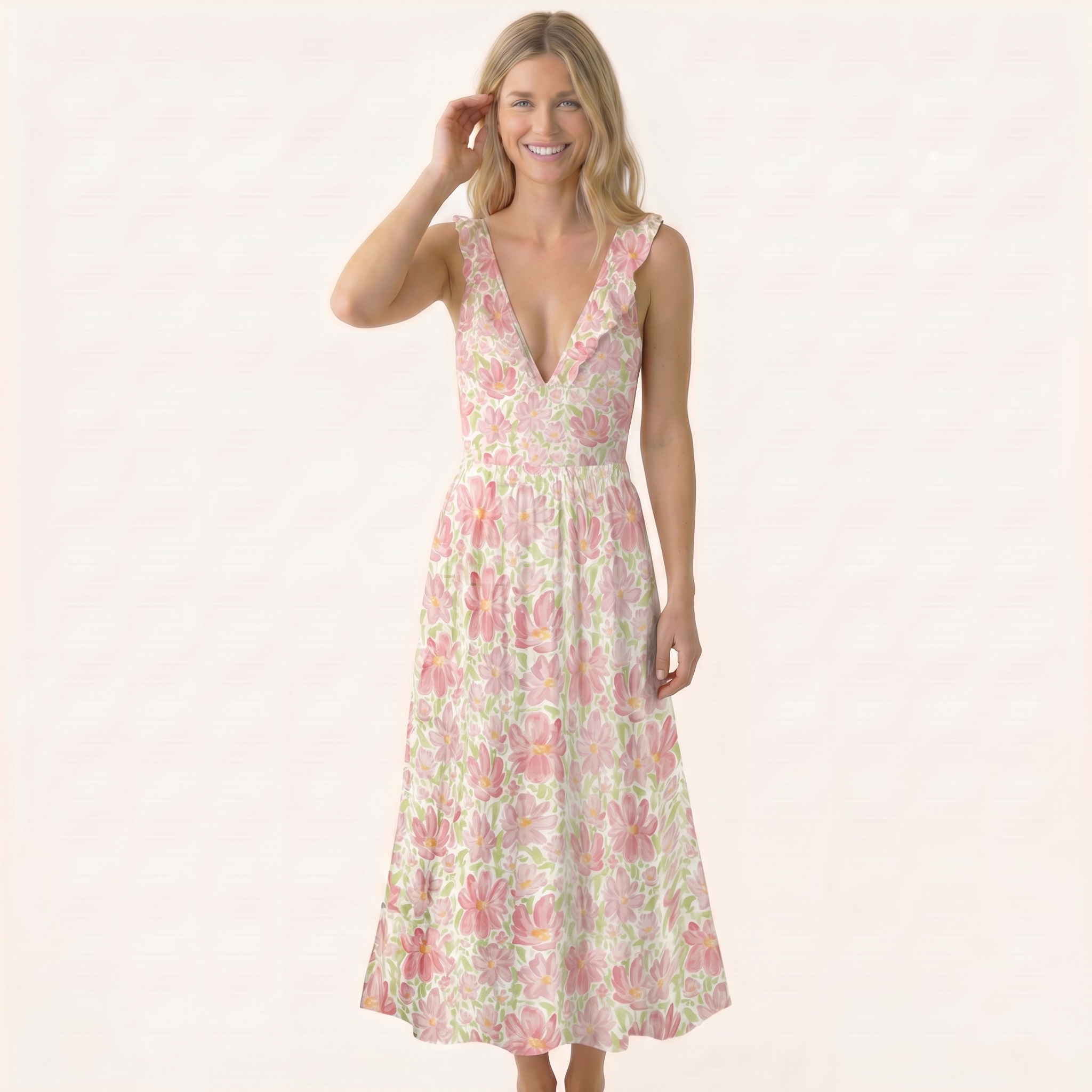 Cosmos Flower Ruffled V Neck One Piece Swimsuit and Matching Midi Skirt Set