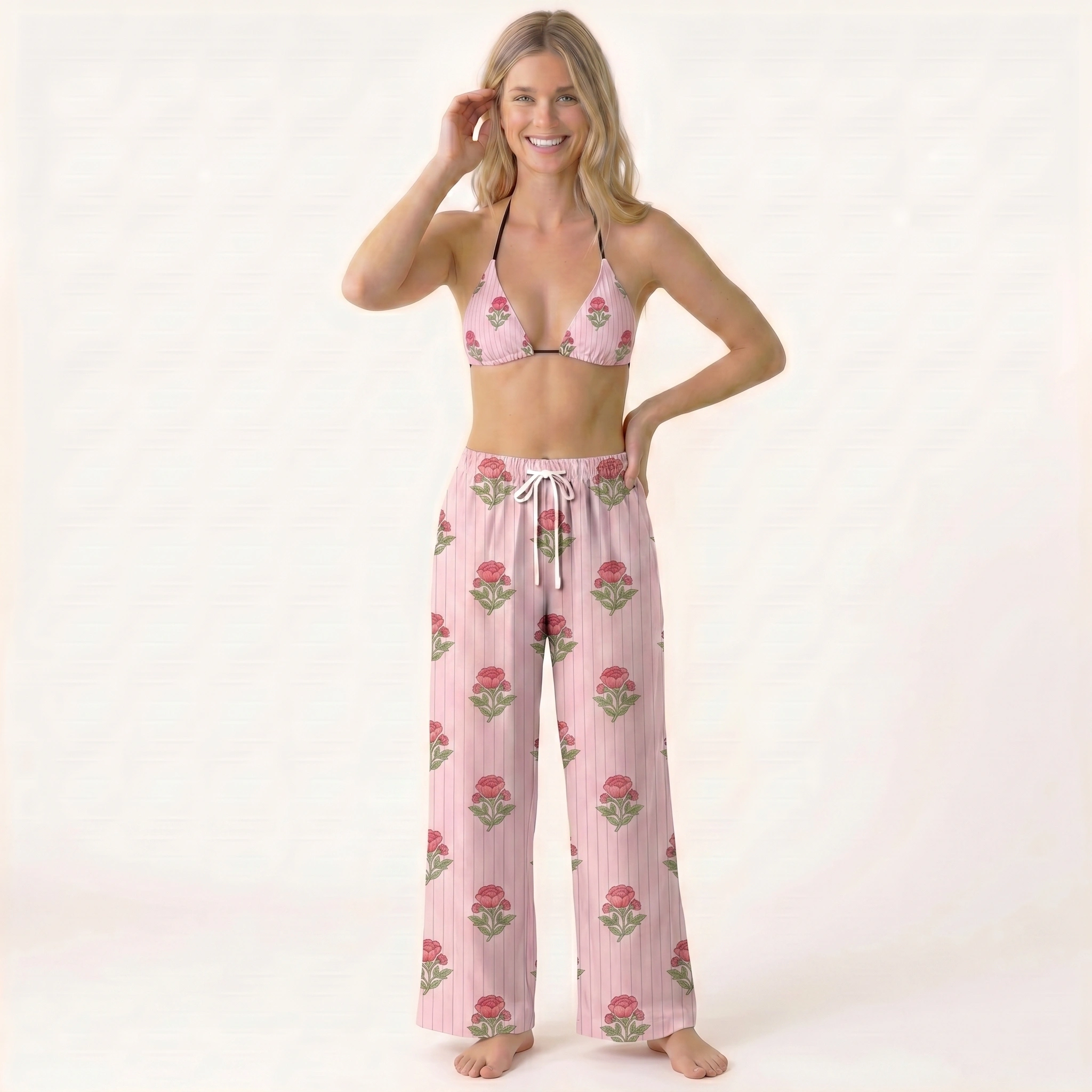 Misty Rose Garden Tie Side Bikini Set with Matching Pants