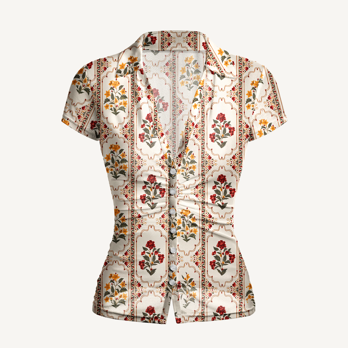 V-Neck Short Sleeve Velvet Carnation Print Mesh Top