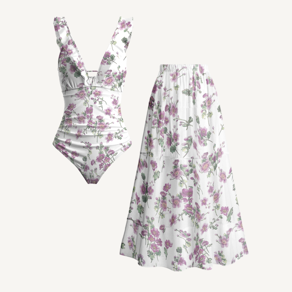 Lavender Field Whisper Ruffled V Neck One Piece Swimsuit and Matching Midi Skirt Set