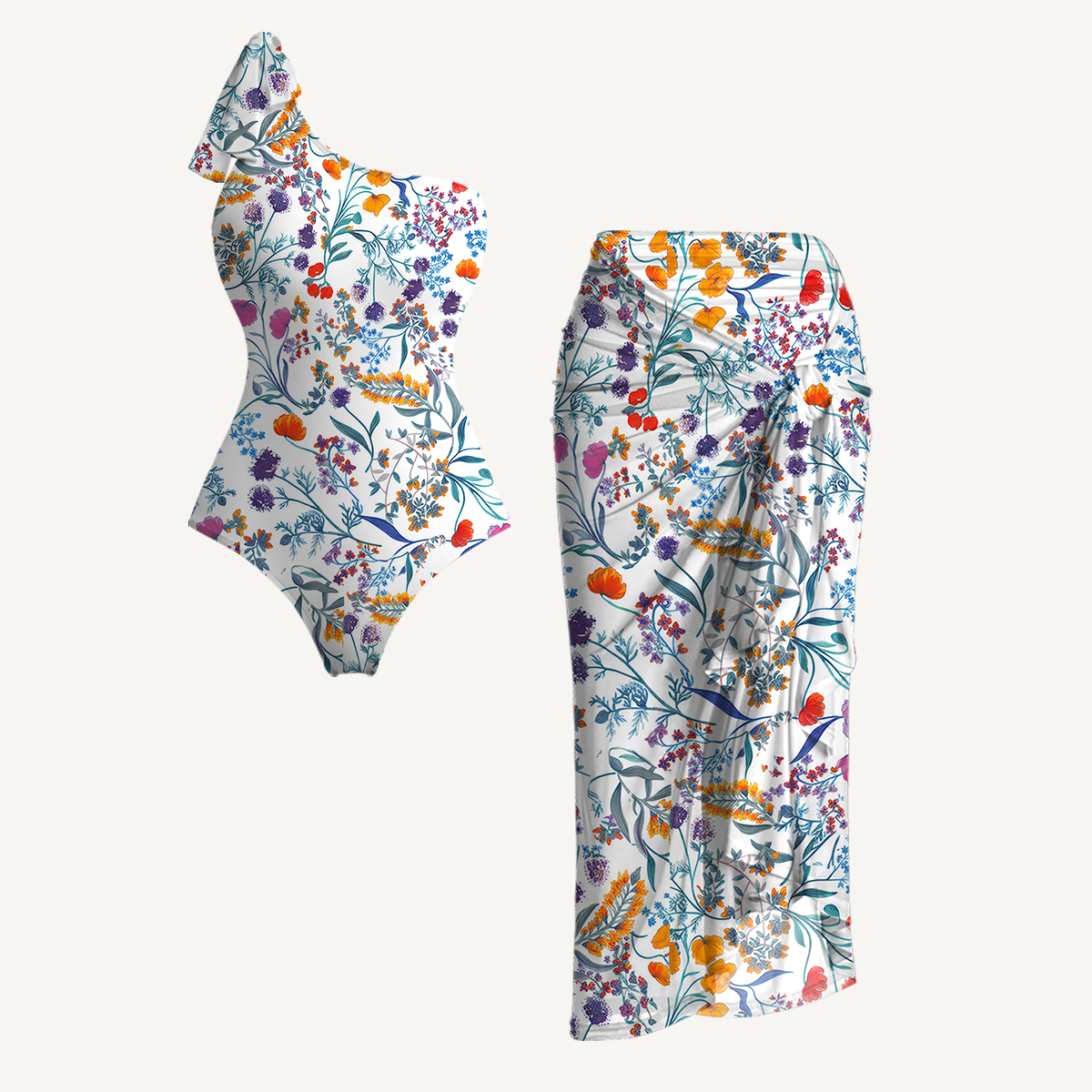 Fiery Meadow One Shoulder One Piece Swimsuit and Matching Sarong Set for Women