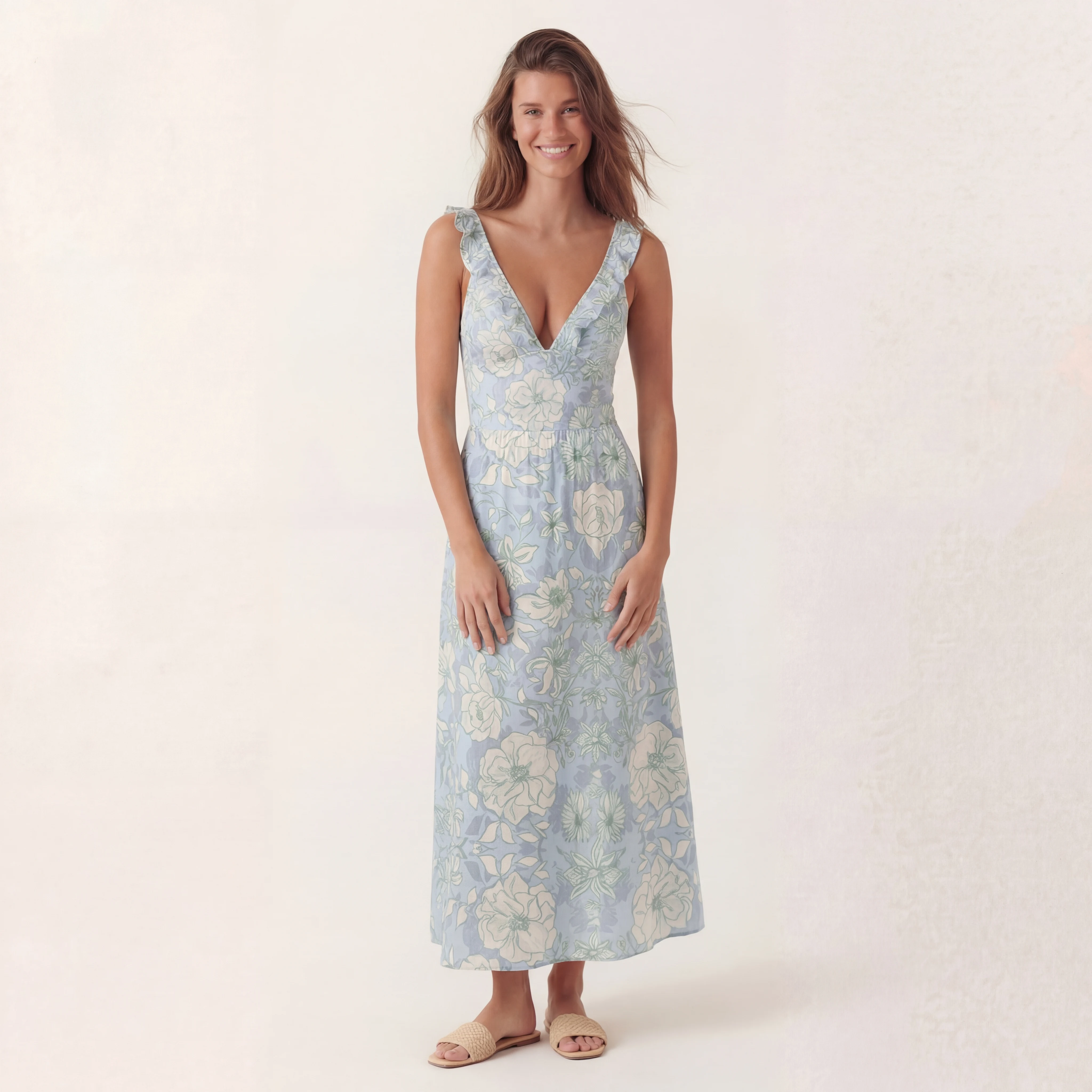 Mist Floral Ruffled V Neck One Piece Swimsuit and Matching Midi Skirt Set