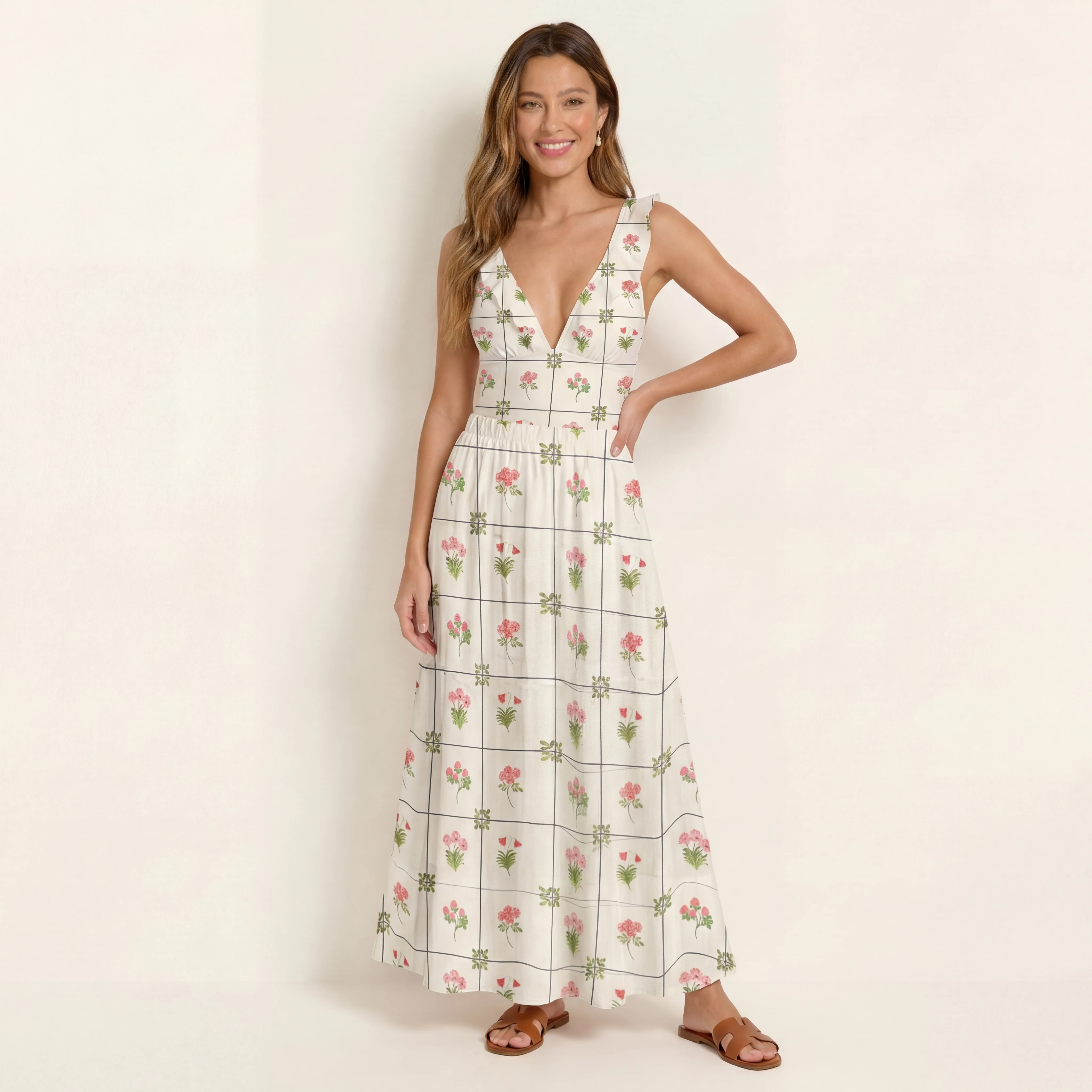 Meadow Tile Bloom Ruffled V Neck One Piece Swimsuit and Matching Midi Skirt Set